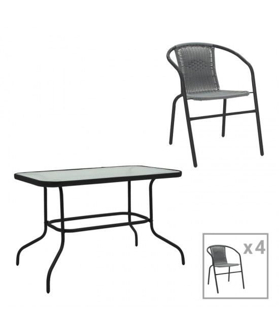 Τραπεζαρία Valor-Obbi pakoworld σετ 5τεμ μέταλλο μαύρο-γυαλί-pe γκρι 110x60x70εκ