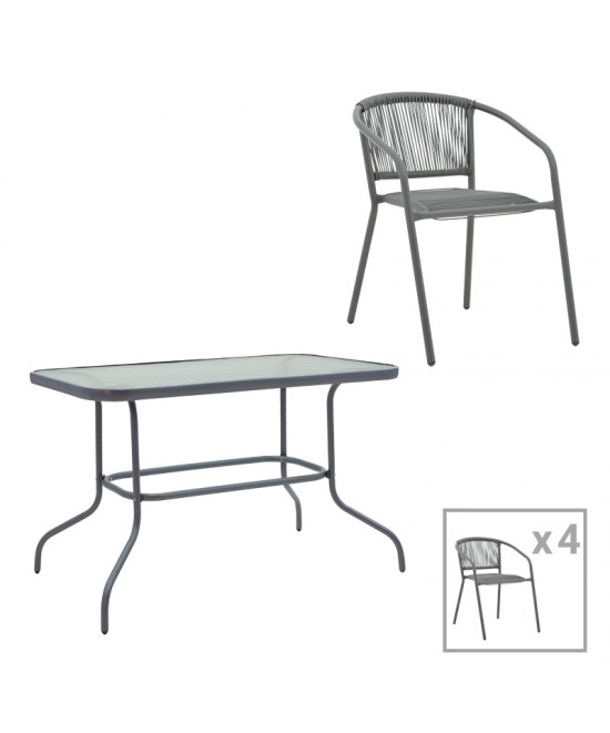 Τραπεζαρία Valor-Lindaria pakoworld σετ 5τεμ μέταλλο ανθρακί-γυαλί-pe rattan 110x60x70εκ