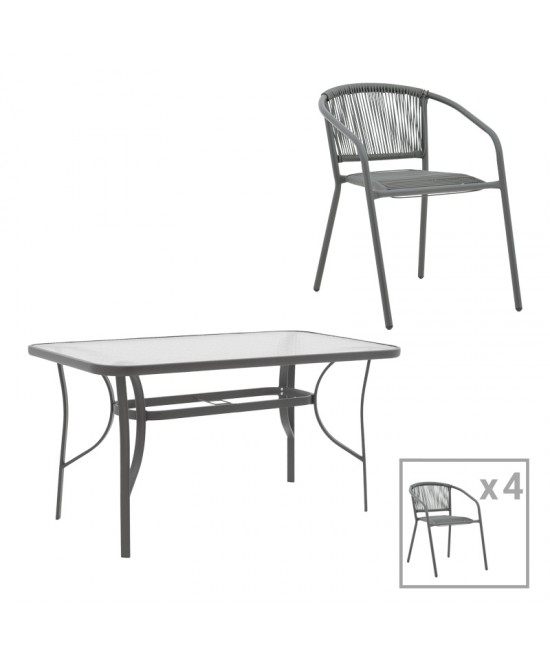 Τραπεζαρία Ensure-Lindaria pakoworld σετ 5τεμ μέταλλο-γυαλί σε ανθρακί απόχρωση 120x70x70εκ