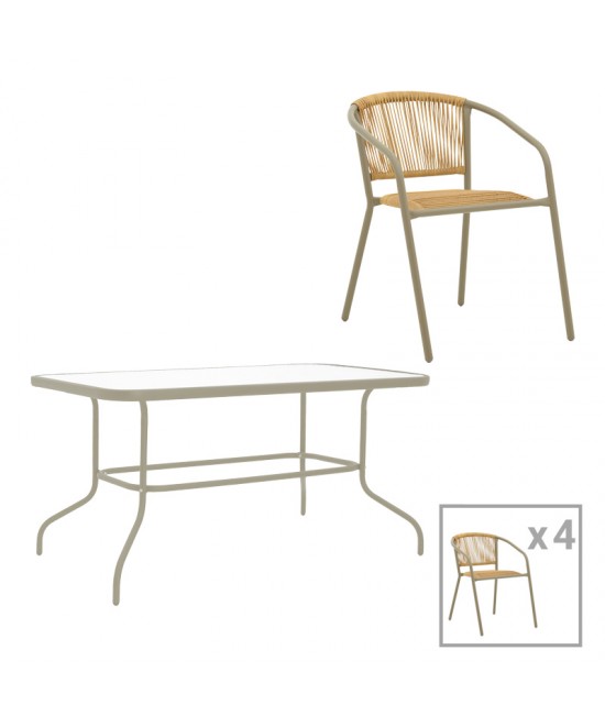 Τραπεζαρία Valor-Lindaria pakoworld σετ 5τεμ μέταλλο σε σαμπανιζέ και pe rattan σε φυσική απόχρωση 110x60x70εκ