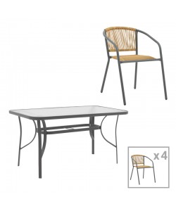 Τραπεζαρία Ensure-Lindaria pakoworld σετ 5τεμ μέταλλο σε ανθρακί και pe rattan σε φυσική απόχρωση 120x70x70εκ