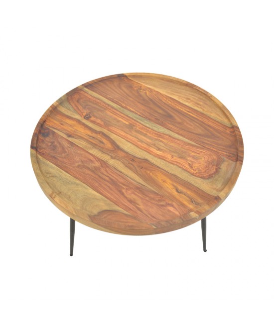 Τραπέζι Tavolo pakoworld μασιφ ξύλο sheesham σε καρυδί απόχρωση με μαύρα μεταλλικά πόδια Φ75x39εκ