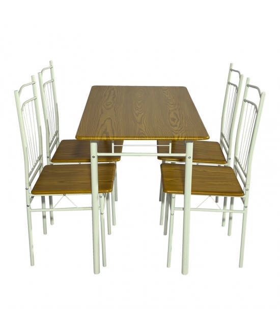 Τραπεζαρία Roza II pakoworld σετ 5τμχ mdf σε φυσική απόχρωση με λευκά μεταλλικά πόδια 110x60x74εκ