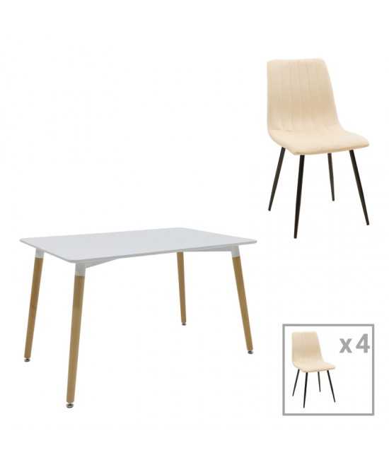 Τραπεζαρία Natali-Noor pakoworld σετ 5τεμ MDF λευκό-μπεζ-πόδια φυσικό 120x80x76εκ Τραπεζαρία Natali-Noor pakoworld σετ 5τεμ MDF λευκό-μπεζ-πόδια φυσικό 120x80x76εκ