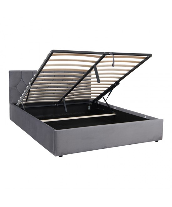 Κρεβάτι διπλό Kamaho pakoworld βελούδο ανθρακί με αποθηκευτικό χώρο 160x200εκ