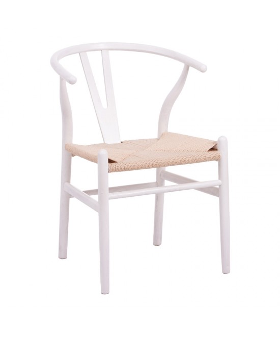 Καρέκλα Wishbone pakoworld rubberwood-σχοινί σε λευκή απόχρωση 60x51x80εκ