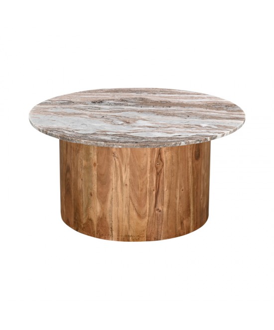 Τραπέζι σαλονιού Sergy pakoworld μασίφ ξύλο ακακίας σε φυσική απόχρωση με επιφάνεια μαρμάρου Φ70x35εκ