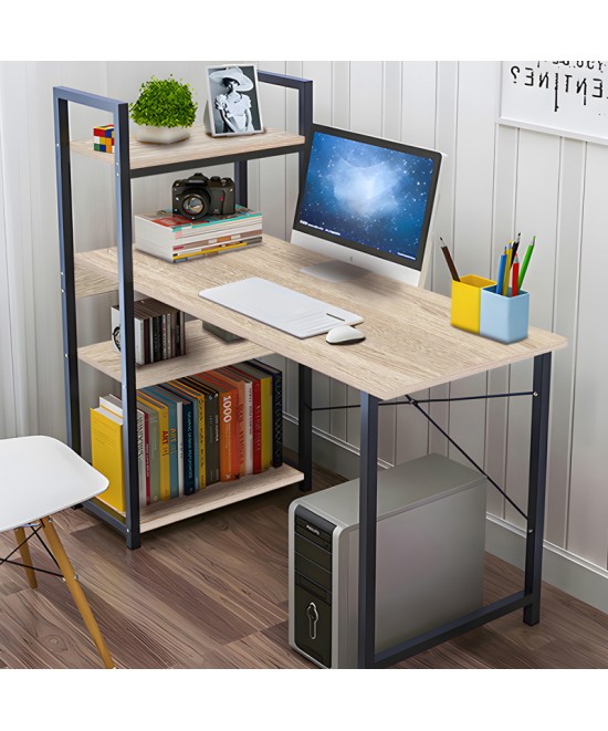 Γραφείο εργασίας Bencour pakoworld με βιβλιοθήκη mdf σε φυσική απόχρωση με μαύρο μέταλλο 90x40x73εκ