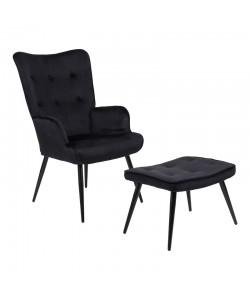 Πολυθρόνα με υποπόδιο Siella pakoworld μαύρο βελούδο και μαύρο μέταλλο πόδι 59x67x94εκ
