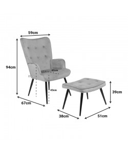 Πολυθρόνα με υποπόδιο Siella pakoworld μαύρο βελούδο και μαύρο μέταλλο πόδι 59x67x94εκ