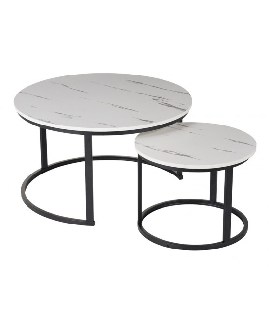 Τραπέζια σαλονιού Solme I pakoworld 2τεμ σε λευκή μαρμάρου απόχρωση με μαύρα μεταλλικά πόδια