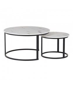 Τραπέζια σαλονιού Solme I pakoworld 2τεμ σε λευκή μαρμάρου απόχρωση με μαύρα μεταλλικά πόδια