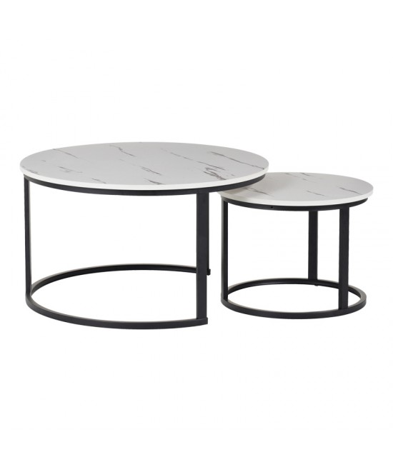 Τραπέζια σαλονιού Solme I pakoworld 2τεμ σε λευκή μαρμάρου απόχρωση με μαύρα μεταλλικά πόδια