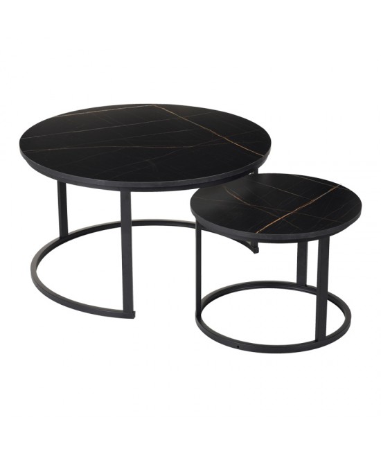 Τραπέζια σαλονιού Solme I pakoworld 2τεμ σε μαύρο μαρμάρου απόχρωση με μαύρα μεταλλικά πόδια