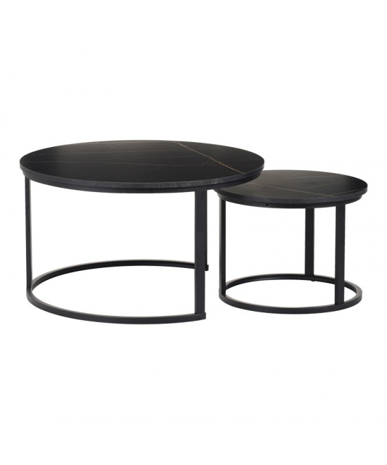 Τραπέζια σαλονιού Solme I pakoworld 2τεμ σε μαύρο μαρμάρου απόχρωση με μαύρα μεταλλικά πόδια