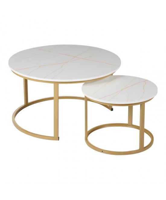 Τραπέζια σαλονιού Solme I pakoworld 2τεμ σε λευκή μαρμάρου απόχρωση με χρυσά μεταλλικά πόδια