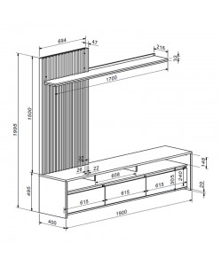 Σύνθετο σαλονιού Delfina pakoworld σε sonoma με μαύρη απόχρωση 190x40x199.5εκ