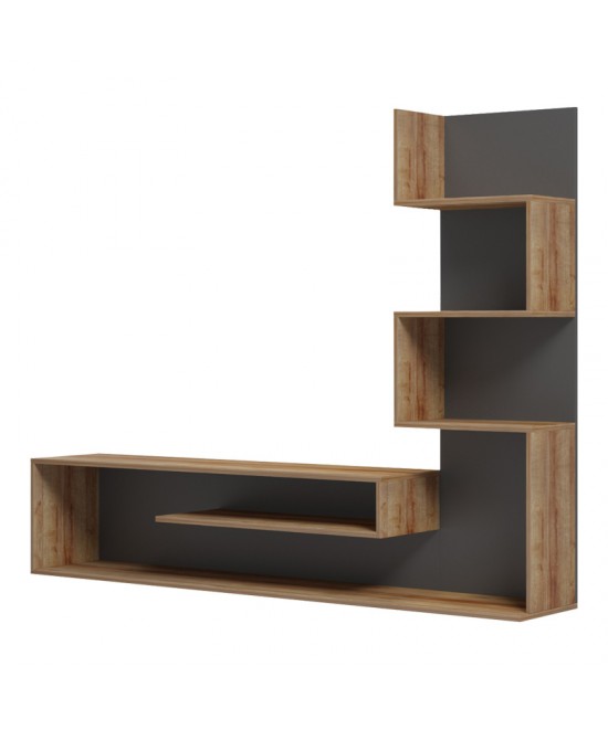 Έπιπλο τηλεόρασης με βιβλιοθήκη Cazenda pakoworld σε oak με γκρι απόχρωση 160x29x126εκ