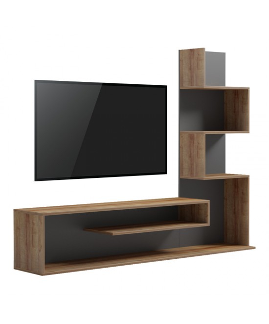 Έπιπλο τηλεόρασης με βιβλιοθήκη Cazenda pakoworld σε oak με γκρι απόχρωση 160x29x126εκ