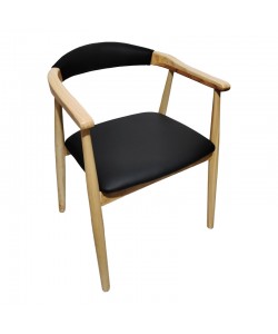 Πολυθρόνα Sandi pakoworld rubberwood σε φυσική απόχρωση με μαύρο pu μαξιλάρι 50x60x80εκ