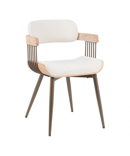Πολυθρόνα Cameo pakoworld μέταλλο μπρονζέ-white-wash ξύλο-μπέζ ύφασμα 53x49.5x75.5εκ