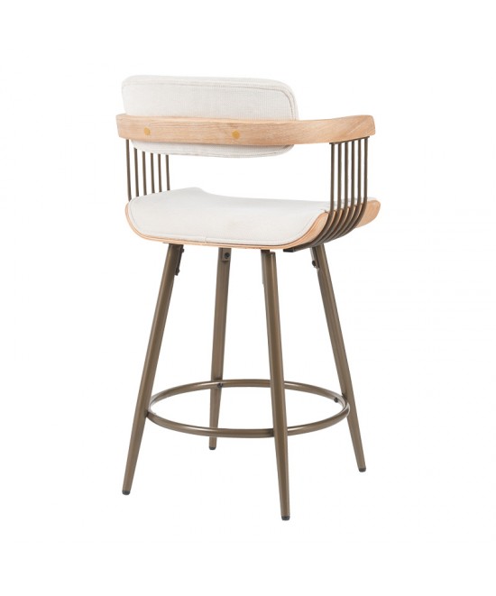 Σκαμπό μπαρ Cameo pakoworld μέταλλο μπρονζέ-white-wash ξύλο-μπέζ ύφασμα 53x50x93εκ