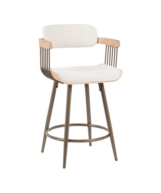 Σκαμπό μπαρ Cameo pakoworld μέταλλο μπρονζέ-white-wash ξύλο-μπέζ ύφασμα 53x50x93εκ