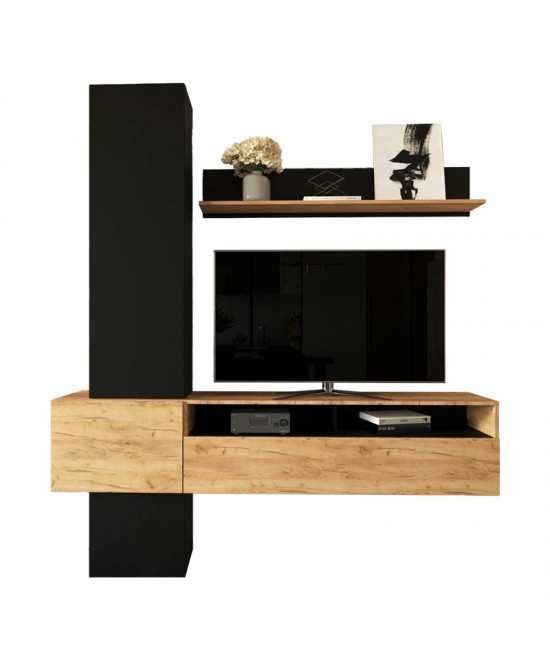 Σύνθετο σαλονιού Wendy pakoworld σε oak-μαύρη απόχρωση 195.1x37.3x219.1εκ