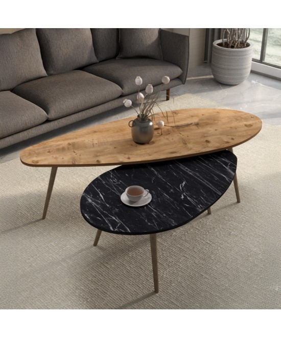 Τραπέζια σαλονιού Monty pakoworld 2 τεμ σε φυσικη-μαύρου μαρμάρου απόχρωση