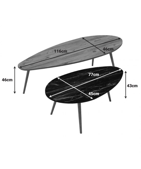 Τραπέζια σαλονιού Monty pakoworld 2 τεμ σε φυσικη-μαύρου μαρμάρου απόχρωση