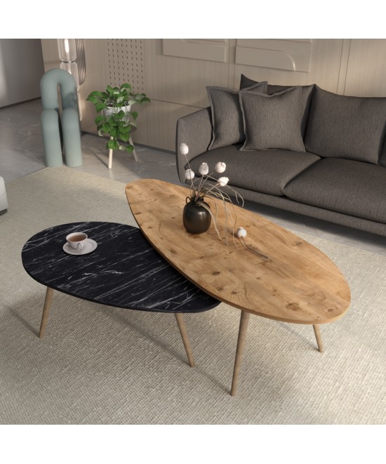 Τραπέζια σαλονιού Monty pakoworld 2 τεμ σε φυσικη-μαύρου μαρμάρου απόχρωση