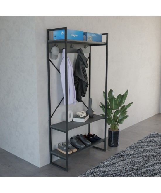 Έπιπλο εισόδου Levento pakoworld ανθρακί με μαύρο μεταλλικό σκελετό 88x34x180εκ