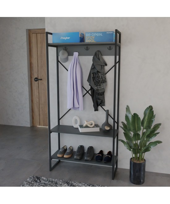 Έπιπλο εισόδου Levento pakoworld ανθρακί με μαύρο μεταλλικό σκελετό 88x34x180εκ