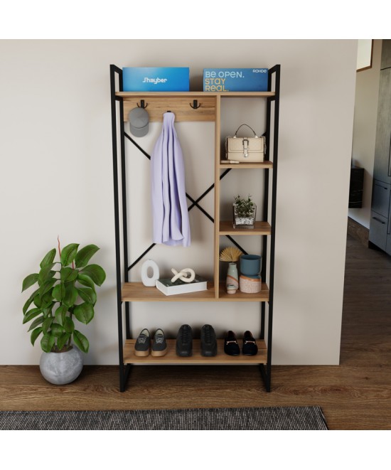 Έπιπλο εισόδου Feranda pakoworld με ράφια oak με μαύρο μεταλλικό σκελετό 88x34x180εκ