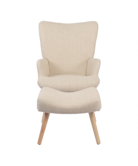 Πολυθρόνα-μπερζέρα με υποπόδιο Gerlina pakoworld κρεμ ύφασμα με πόδι σε φυσική απόχρωση 71x64x94εκ