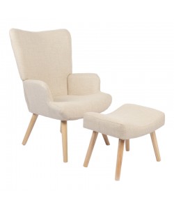 Πολυθρόνα-μπερζέρα με υποπόδιο Gerlina pakoworld κρεμ ύφασμα με πόδι σε φυσική απόχρωση 71x64x94εκ