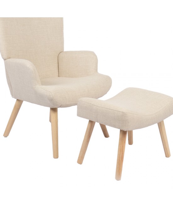 Πολυθρόνα-μπερζέρα με υποπόδιο Gerlina pakoworld κρεμ ύφασμα με πόδι σε φυσική απόχρωση 71x64x94εκ