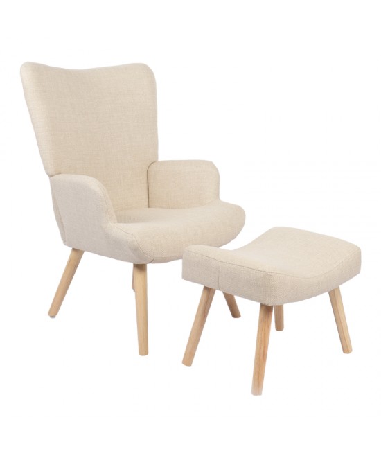 Πολυθρόνα-μπερζέρα με υποπόδιο Gerlina pakoworld κρεμ ύφασμα με πόδι σε φυσική απόχρωση 71x64x94εκ