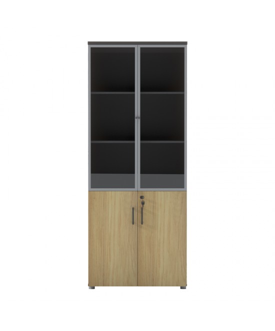 Ντουλάπα γραφείου επαγγελματική με γυάλινες πόρτες Lotus pakoworld σε φυσική-ανθρακί απόχρωση 80x40x200εκ