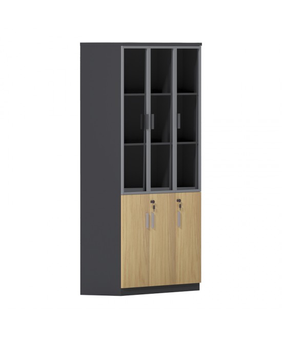 Ντουλάπα γραφείου με γυάλινες πόρτες Lotus pakoworld χρώμα φυσικό - ανθρακί 120x40x200εκ