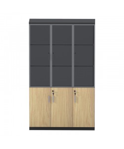 Ντουλάπα γραφείου με γυάλινες πόρτες Lotus pakoworld χρώμα φυσικό - ανθρακί 120x40x200εκ