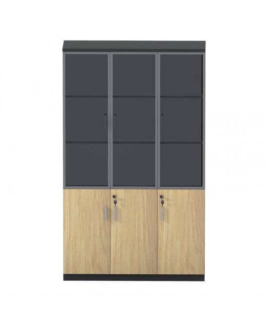 Ντουλάπα γραφείου με γυάλινες πόρτες Lotus pakoworld χρώμα φυσικό - ανθρακί 120x40x200εκ