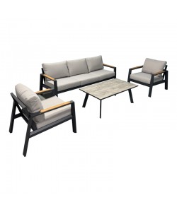 Σαλόνι κήπου Aeria pakoworld 4τεμ αλουμίνιο σε ανθρακί απόχρωση - teak - ύφασμα γκρι