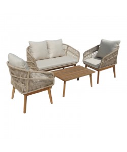 Σαλόνι εξωτερικού χώρου Macrena pakoworld μασίφ ξύλο ακακίας με σχοινί και μπεζ μαξιλάρια