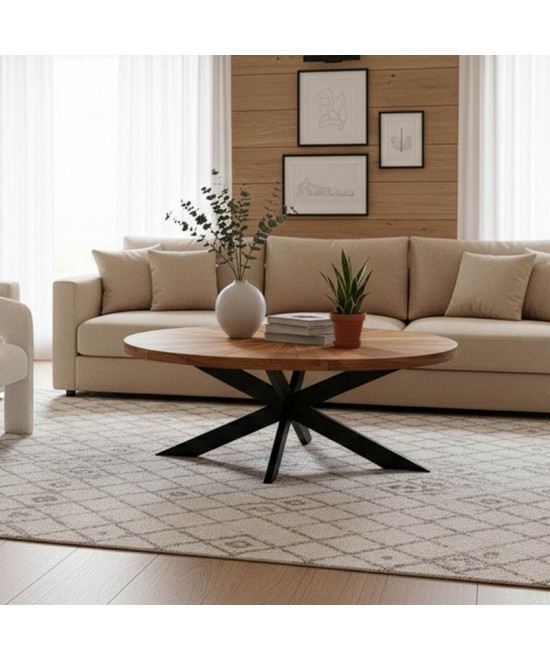 Τραπέζι σαλονιού Fardy pakoworld μασίφ ξύλο ακακίας σε φυσική απόχρωση με μαύρα μεταλλικά πόδια 120x60x45εκ