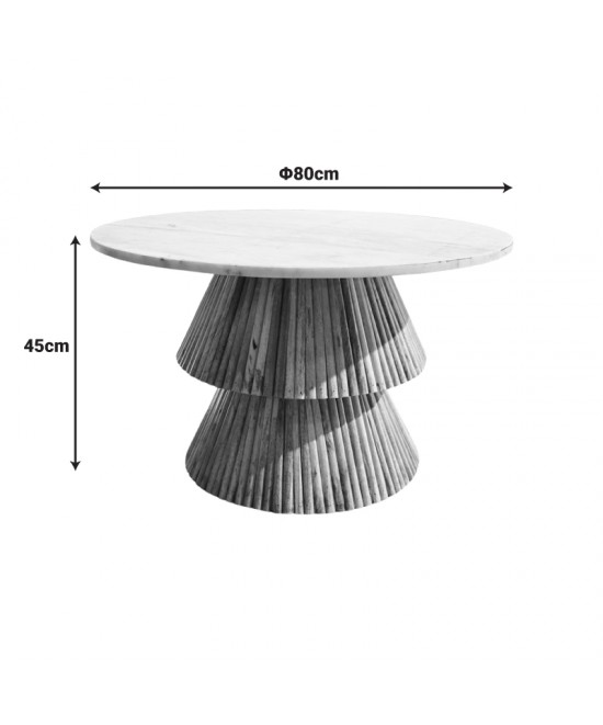 Τραπέζι σαλονιού Havai pakoworld μασίφ ξύλο mango σε φυσική απόχρωση κ λευκή επιφάνεια μαρμάρου Φ80x45εκ