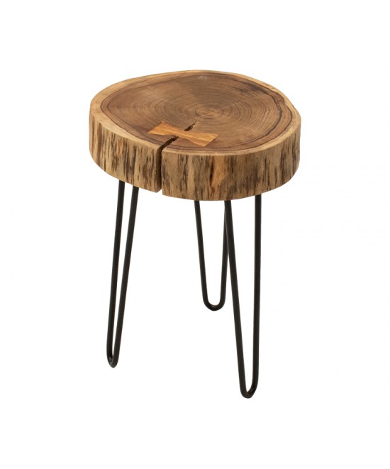 Βοηθητικό τραπέζι Tripp pakoworld μασίφ ξύλο ακακίας σε φυσική απόχρωση με μαυρα μεταλλικά πόδια 32x30x47εκ