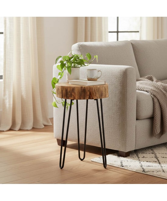 Βοηθητικό τραπέζι Tripp pakoworld μασίφ ξύλο ακακίας σε φυσική απόχρωση με μαυρα μεταλλικά πόδια 32x30x47εκ