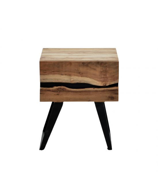 Κομοδίνο Imena pakoworld μασίφ ξύλο Acacia σε φυσικό απόχρωση με μαύρα μεταλλικά πόδια 45x35x56εκ