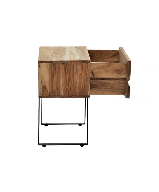 Κομοδίνο Imena pakoworld μασίφ ξύλο Acacia σε φυσικό απόχρωση με μαύρα μεταλλικά πόδια 45x35x56εκ